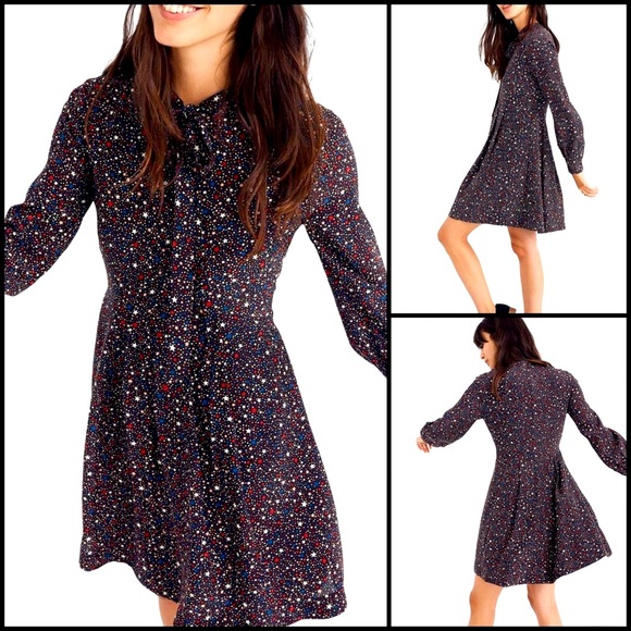 Madewell 100% Silk Red White & Blue Stars Tie Silk Dress - Picture 2 of 12